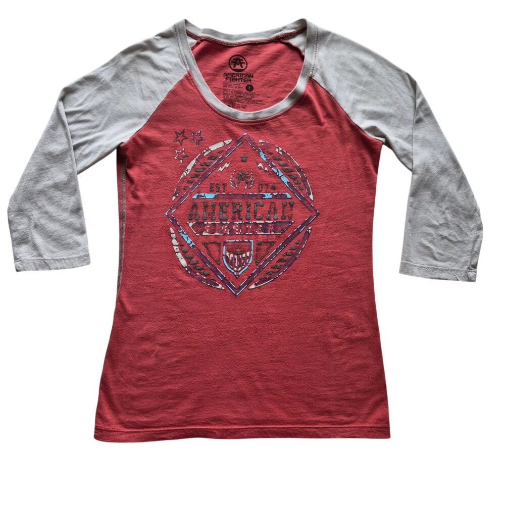 American Fighter Baseball Style Raglan 3/4 Sleeve Tee Orange Grey Graphic S - Picture 3 of 12